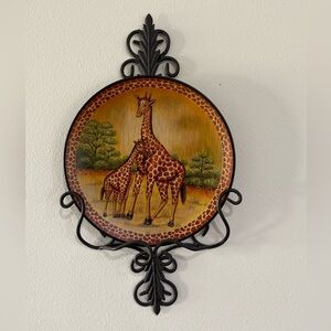 Vintage African-Inspired Giraffe Decorative Plate Ornate Scrollwork Metal Frame